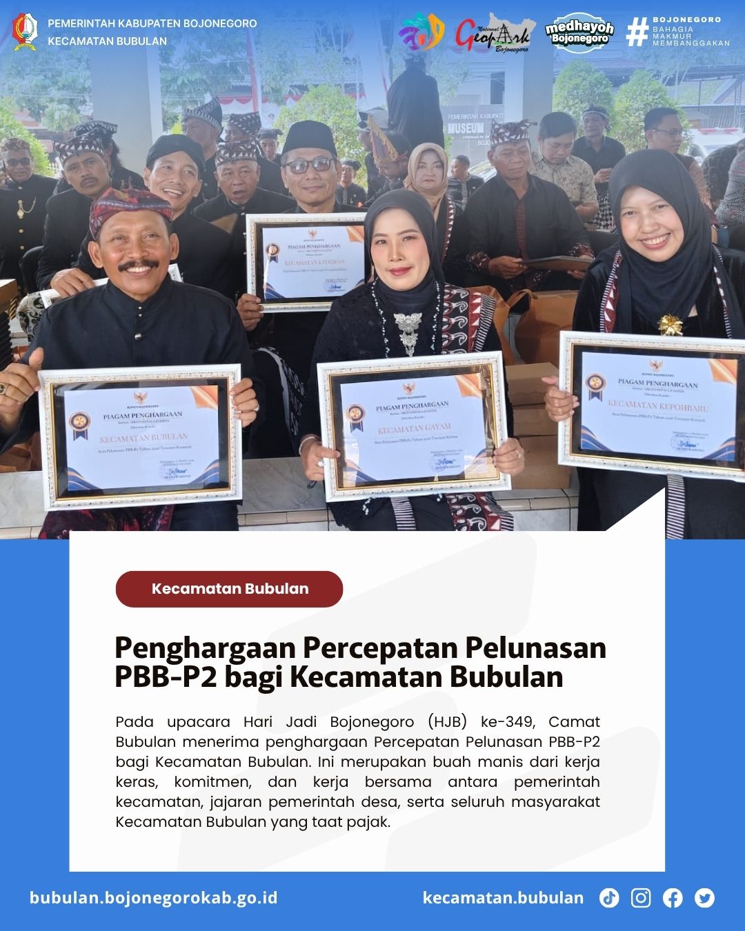 Kecamatan Bubulan Raih Penghargaan Percepatan Pelunasan PBB-P2 pada Puncak HJB ke-349